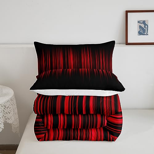 Image of Feelyou Red and Black Ombre Bedding Set Queen, Geometric Abstract Ombre Comforter Red and Black Striped Comforter Set for Kids Boys Girls Stripes Duvet Set Microfiber Quilt Set