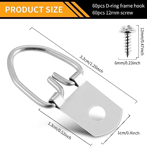 D-Ring Picture Hangers With Screws, 60 Pieces Picture Hanging Hardware Single Hole Heavy Duty D-Ring Picture Tool For Mirror Clock Decoration Paintings Artwork Picture Frame Load Bearing 8Kg/17 Lbs #TOP1