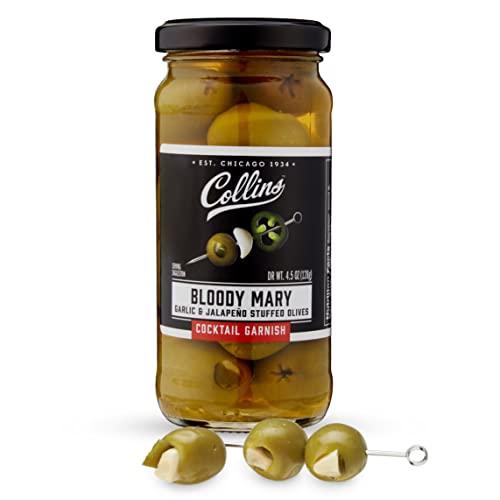 Collins Jalapeno Garlic Stuffed Cocktail Olives, Bloody Mary Olive Garnish, Cocktail Supplies, 5 oz