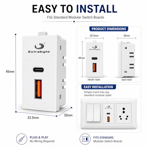 Image of USB Charger Socket (Type A & Type C) | Fast Charging Modular Wall USB Socket for Mobile, Tablet & Devices | Matt Finish White