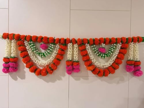 Image of 3 Ft Marigold Mogra Toran | Door Hanging Toran | Indian Thorans | Atificial Flower Garland | Pooja Mandir, Door, Diwali Decoration Toran | Indian Housewarming Decor, Bandhanwar | (Pack of 1)