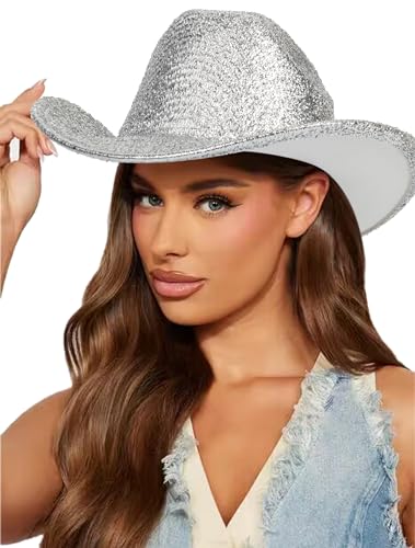 CaySep Women-Western-Glitter-Cowboy Hat - Sparkle-Cowgirl-Hat Roll-UP- Brim-Fedora-Hat for Disco Costumes Party