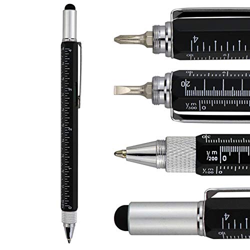 HeTaoCat Metal Multi tool Pen 6-in-1 Stylus Pen - With Screwdriver, Phillips Screwdriver, Flathead Bit Slotted Screwdriver, Ballpoint Pen Black ink, Stylus pen, Bubble Level and Ruler (Black)