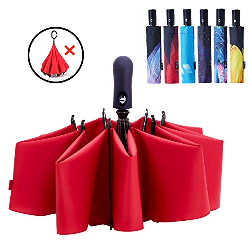 Fidus Inverted Reverse Sun&Rain Car Umbrella Large Windproof Travel UV Umbrella for Women Men - Auto Open Close(WineRed)