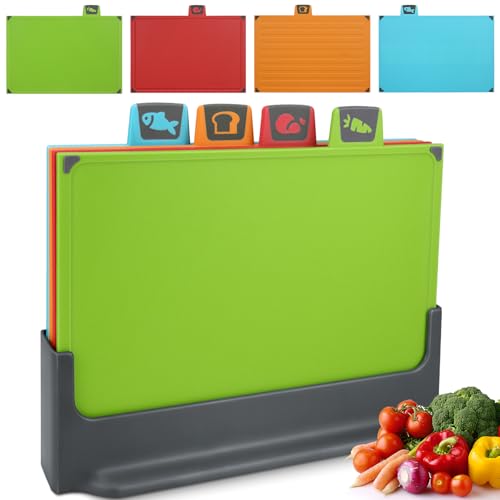 IAGORYUE 4 Colour Coded Chopping Board Set | BPA Free Thick Plastic Chopping Boards with Stand | Kitchen Cutting Boards Dishwasher Safe with Non Slip Feet & Juice Groove for Vegetables/Meat/Fish/Bread