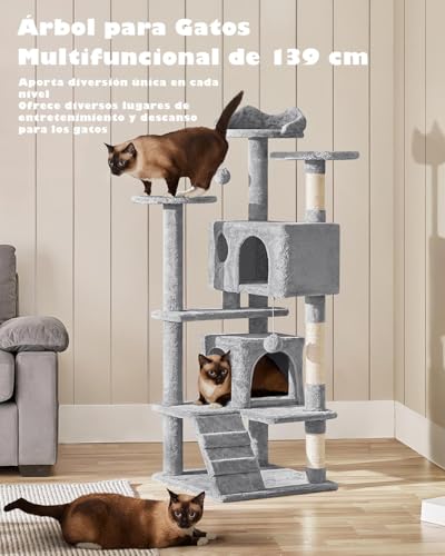 Miniatura 2 de Yaheetech Árbol Rascador Para Gatos 139cm Con 3 Plataformas 2 Nidos 2 Pompones Torre De Escalador Con Postes En Sisal Ideal Para 3-4 Gatos Gris Claro