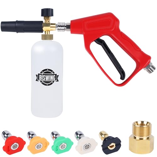 Biswing Pressure Washer Gun with Foam Cannon, Snow Foam Lance with 1/4 Inch Quick Connector 4000 PSI, 5 Pressure Washer Nozzle Tips, M22 Inlet Connector, 1 Liter