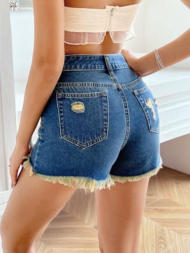 Image of Aahwan Dark Blue Solid Simple Daily Distressed Denim Shorts for Women's &Girl's