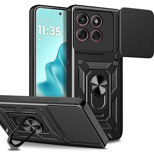 Image of SPAZY CASE Motorola Edge 60 Fusion Back Cover | Heavy Duty Hybrid Case with 360 Degree Rotating Finger Ring Holder + Slider Shutter Camera Protection Case for Motorola Edge 60 Fusion - Black