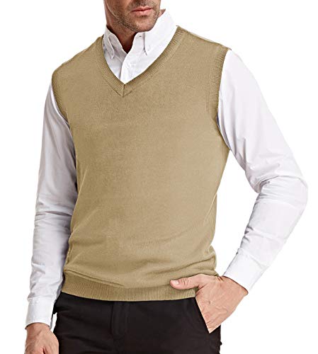 Men’s V-Neck Sweater Vest Classic Slim Fit Sleeveless Pullover Knitting Vest (Camel, Size S) #TOP3