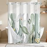 TQUQOBU Shower Curtain No Hooks with See Through Top Window, Green Cactus Western Shower Curtain with Removable Snap On Liner, Waterproof Machine Washable Fabric Bathroom Shower Curtains, 71x74 Inch