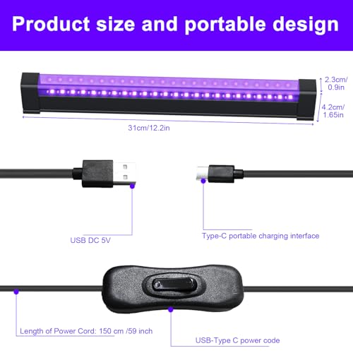Image of Rechargeable Black Light Bar 5W 1FT，Battery Powered LED Black Light for Glow Party Body Paint UV Strip Lights for Halloween Decorations,Cabinet,Display Magnetic 4 Pack