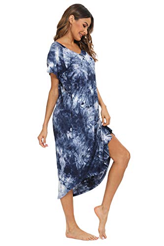 Yozly Nightgown Womens Cotton Knit Long Sleepwear Soft V Neck Loungewear S-Xxl (Tie Dye Navy, Large) #TOP3