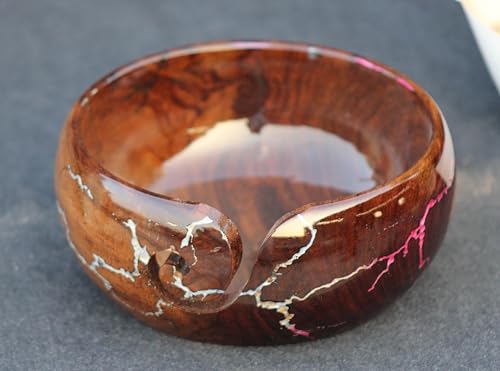 Image of Handmade Wooden Yarn Bowl for Knitting Yarn Ball Holder - Lichtenberg Figure Yarn Bowl - Yarn Bowls with Holes Crochet Bowl Holder - Resin Yarn Storage Bowl 7 inch x 4 inch inches (Pink & White)