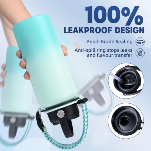 Image of Insulated Water Bottle, 32 oz Stainless Steel Wide Mouth Water Bottles with 2 Leak Proof Lid and Paracord Handle, Double Wall Vacuum Insulated Sports Water Bottle, Mint Green