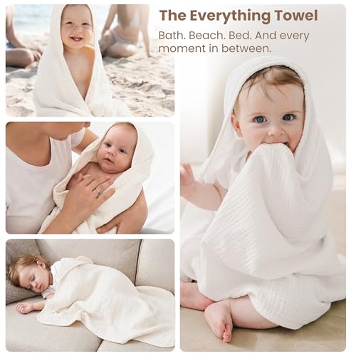 Image of Konssy 2-Pack Muslin Hooded Baby Towels, 100% Cotton, Ultra-Soft & Absorbent Baby Bath Towels with Hood for Newborn & Infant (Blue, Blue Whale, 32 inch x 32 inch)