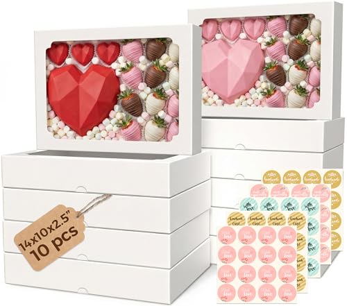 10pcs Cookie Boxes with Window 14x10x2.5 inch, Large Bakery Boxes, Auto-Popup Treat Box for Desserts, Chocolate Covered Strawberries, Breakable Heart, Pastries, Cajas Para Postres with 80 Stickers