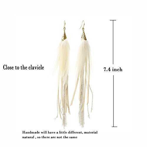 Fashion White Faux Leather Real Feather Earrings Dangle Drop Long Tassel Handmade For Women Girls (White) #TOP2