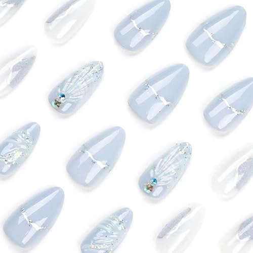Image of Ocean Shell Press on Nails Light Blue Fake Nails Medium Almond False Nails with Rhinestone Design Glossy Glue on Nails Artificial Acrylic Nail Glitter Stick on Nails for Women Summer Manicure 24Pcs