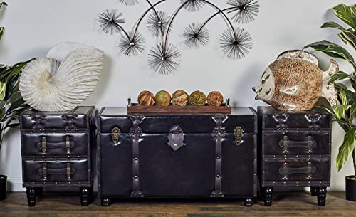 Deco 79 Wood Vintage Faux Leather 4 Drawer Bench With Faux Leather Straps And Studs, Set Of 3 37", 16", 16"W, Brown #TOP1