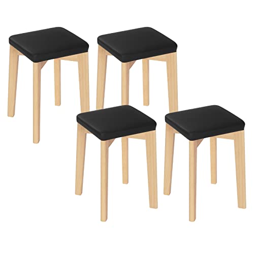 WOLTU Esszimmerstühle, Küchenstuhl aus Massivholz, Holzhocker im Esszimmer, mit gepolstertem und PU-bezogenem Sitz, Polsterstuhl 32,5x47x32,5 cm, Holzstuhl Holzmaserung Schwarz, BH345sz-4