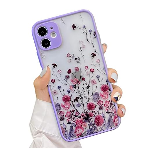 NITITOP Compatible for iPhone 11 Case Cute Hand Painted Flower Aesthetic Floral Pattern for Women Girl Clear Frosted Hard PC Back Protective Bumper Silicone Shockproof for iPhone 11 - Purple