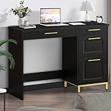 4 EVER WINNER Black Desk with Drawers, Modern Home Office Desks with Golden Handles and Drawers, Computer Table for Small Spaces, Black and Gold Desk