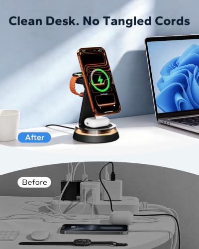 KPON 3 in 1 for iphone and Watch Charging Station, Wireless Charger Stand | 15W Desk Phone Charger for MagSafe, Nightstand Charging Dock with Light&30W Adapter, for iPhone 18 17 16/Apple Watch/AirPods - image 8
