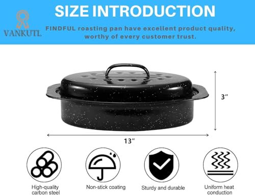 Image of 13 Inch Small Roasting Pan with Lid - Covered Oval Roaster - Enamel Carbon Steel Roaster Pot - Excellent Heat Distribution and Non-sticky - for Turkey Chicken Meat & Vegetables