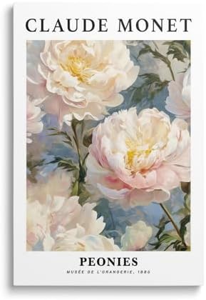 Vintage Peonies Wall Art Print Floral Canvas Poster White Pink Peony Flower Claude Monet Oil Painting Style Picture for Bedroom Wall Decor Elegant Art (Creamy Peonies,Framed,16x24inch(40x60cm))