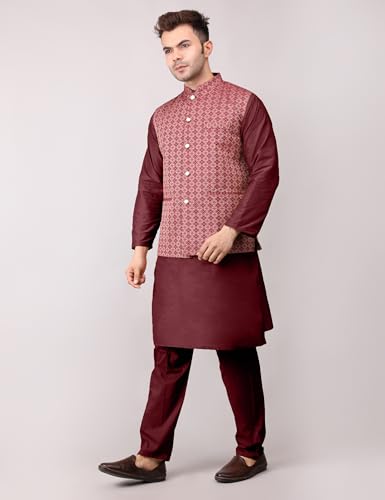 Image of Men's Cotton Silk Blend Regular Kurta Pyjama, Embroidered Nehru Jacket /Waistcoat Set