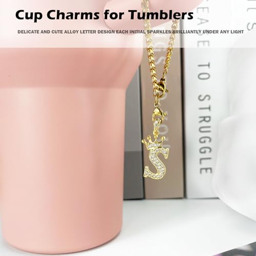 Letter Charm for Stanley Cup- Crown Letter Accessories for Stanley Handle 40 Oz Tumblers Gold Initial Keychain Water Bottle Cup with Diamond Glitter Jewelry Personalized Decorations A2