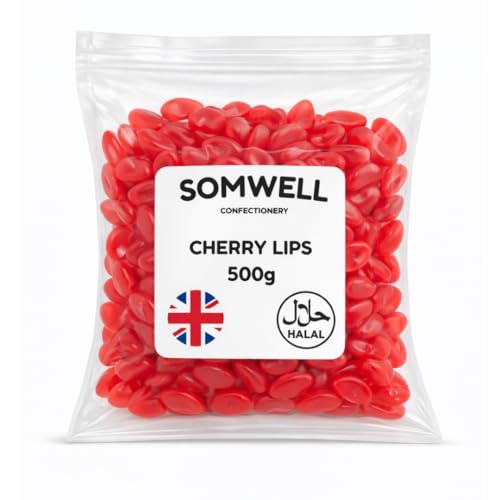 Somwell - Cherry Lips 500g - Halal Chewy Sweets Retro Pick & Mix Gummies - Ideal Bulk Party Chewy Sweets Birthday Candy Cake Decorations & Sharing - Resealable Pouch