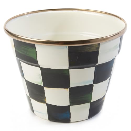 MACKENZIE-CHILDS Enamel Garden Pot, Planting Pot for Plants and Flowers, Small, Black-and-White Courtly Check
