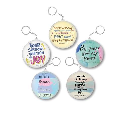 D2C Christian Quote Keychain Set | Bible Verse Round Keychains | 58mm Glossy Plastic Metal Scripture Accessories | Pack of 5 — Multiple Designs (Joy, Grace & Strength Quotes)