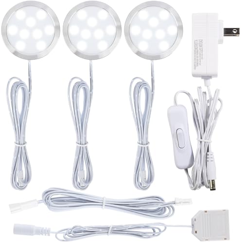 Meigour Plug-in Under Cabinet Round Puck Light Kit, 120V Electric Wired LED Closet Showcase...