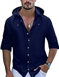 OYOZONE Mens Casual Long Sleeve Cotton Linen Shirts Buttons Down Hooded Roll-Up Sleeve Summer Beach Shirts Navy Blue