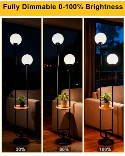 Image of 63IN 2-Globe Floor Lamp Dimmable Tall Standing Lamps with Table 3000K Warm White Unique Vintage Modern Mid Century Floor Lamp with 5Lbs Heavy Base for Living Room-Black