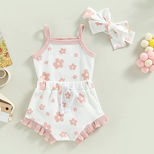 Newborn Baby Girl Clothes Summer Floral Print Knit Sleeveless Romper Ruffle Bloomer Shorts Headband 3Pcs Outfits (Pink White, 6-12 Months) #TOP5