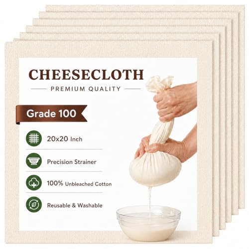 Image of Premium Cheesecloth (6 Pcs) - 100% Unbleached Cotton, Grade 100 Fine Mesh Strainer Cloth 20x20 Inch - Reusable Muslin Cloth for Paneer, Cheese (Pack of 6)