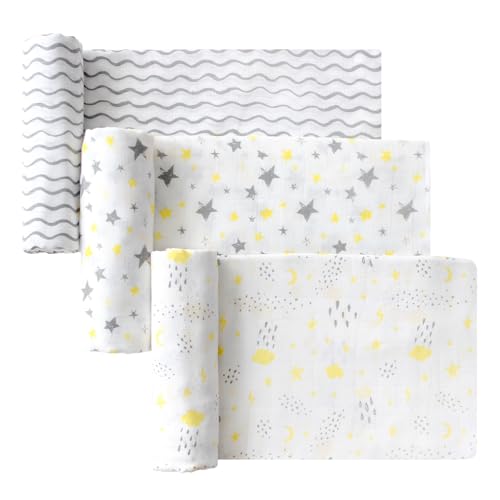 Image of Little Grape Land Muslin Swaddle Blankets 47''x47'' 3 Pack, 100% Cotton Large Size Baby Swaddles for Newborn, Soft Breathable Baby Blankets for Newborns, Yellow