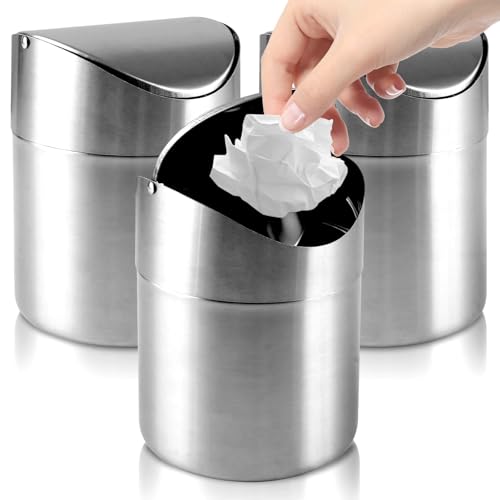 AKOLAFE 3 Stück Tischmülleimer mit Deckel Edelstahl Tischabfalleimer Klein Tischabfallbehälter Schwingdeckel Desktop Papierkorb 12x16CM Tischmülleimer Edelstahl für Schreibtisch Büro Schminktisch