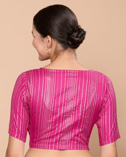 Image of Studio Shringaar Women Cotton Handloom Striped Readymade Elbow Length Sleeve Saree Blouse with Stretchable Sides