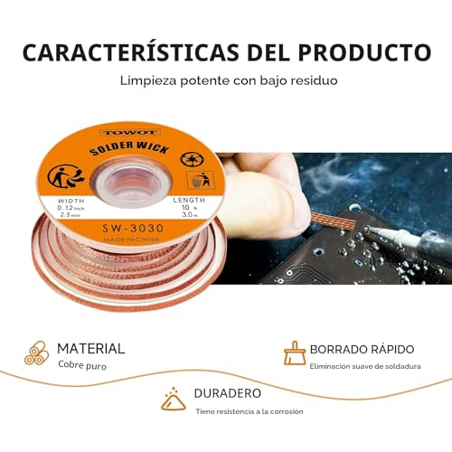 Miniatura 7 de Towot Trenza De Mecha De Soldadura Con Flujo Electrónico Sin Limpieza, Removedor De Trenzas De Mecha Desoldadora. Soldadura Desoldadora De 2,5 Mm De Ancho 0,10 Pulgadas De Largo 5 Pies