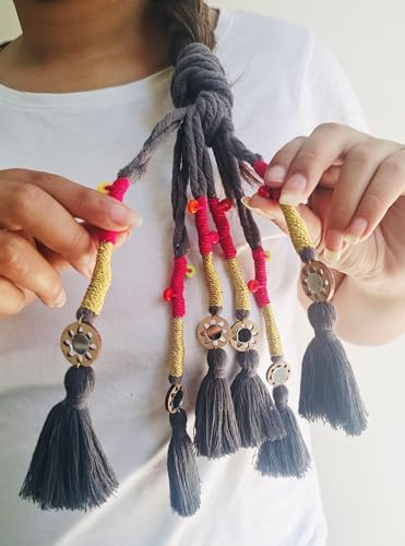 Image of Zippy Flora Handmade Boho Parandi /Paranda for Women | Traditional Punjabi Hair Accessory, Braid Tassels, Choti Hair Extension with Thread & Beads (Neelima Dark Grey)