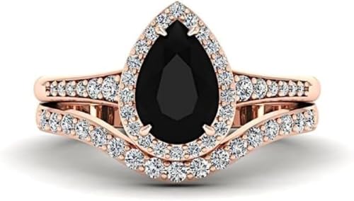 2 CT Pear Engagement Ring Onyx Bridal Ring Set Stone Halo Diamond Ring Curved Wedding Band Art Deco Rings for Her