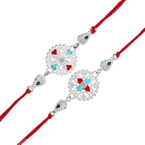Image of eCraftIndia Unisex Adult Set Of 2 Peacock Feather Designer Rakhis For Brothers With Roli Chawal