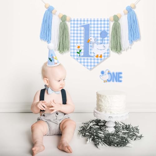 Image of Goose 1st Birthday Highchair Banner Goose Theme Blue Ginghams Tassel Banner Hat Cake Topper Highchair Photo Prop for Boy Birthday Party Decorations