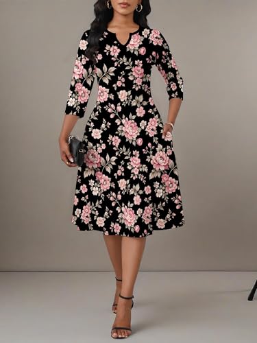 Image of PinkPatty Women's Casual 3 /4 Sleeve Midi Dresses Fit and Flare Church Work Dress with Pockets
