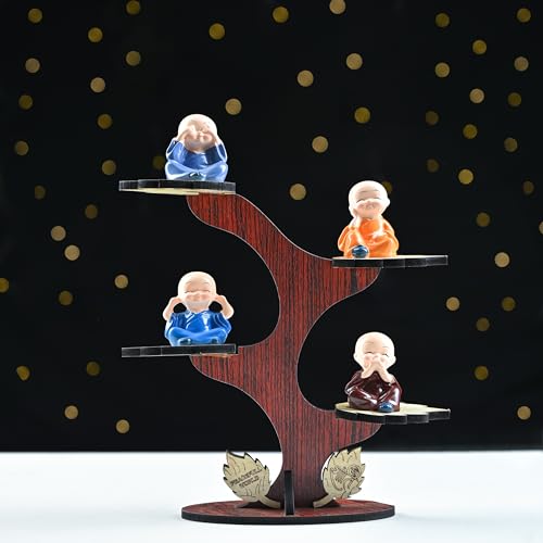 Image of ZAICUS Buddha Monk Showpiece Set of 4 | Wooden Tree Stand Monk Figurines | Decorative Item for Living Room, Office Home Decor, Birthday Gift